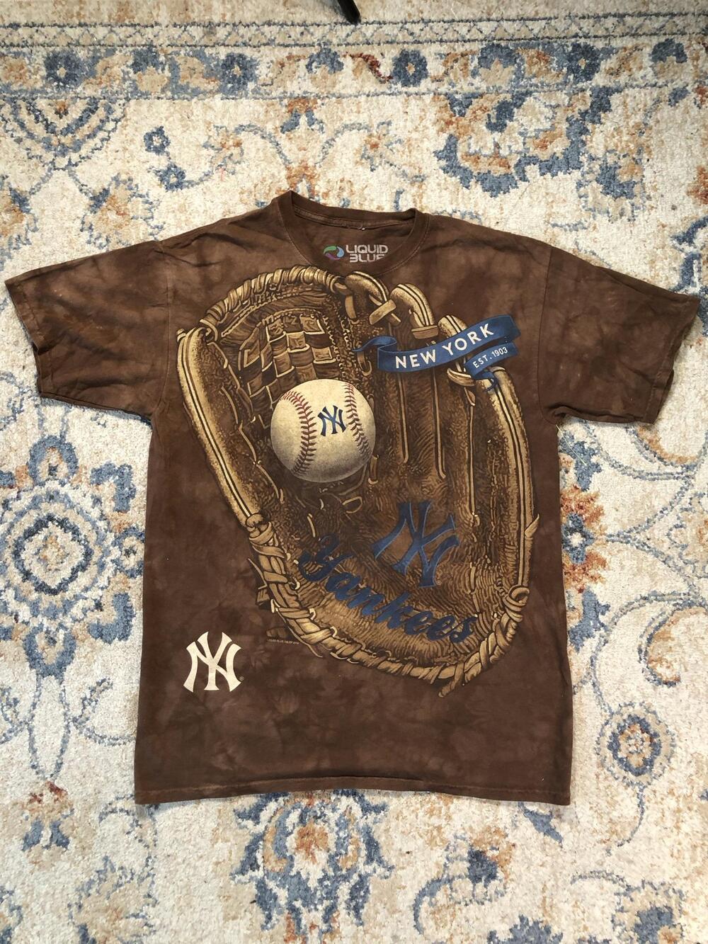 New York Yankees Shirt Mens Large Brown MLB Baseball Liquid Blue Glove Tee